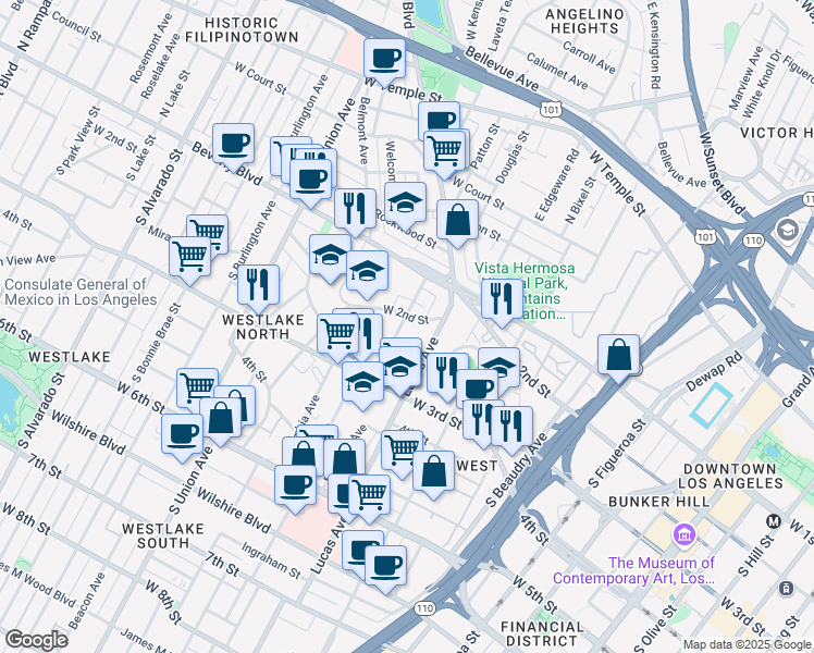 map of restaurants, bars, coffee shops, grocery stores, and more near 208 Witmer Street in Los Angeles
