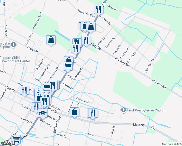 map of restaurants, bars, coffee shops, grocery stores, and more near 4701 Willow Street in Loris