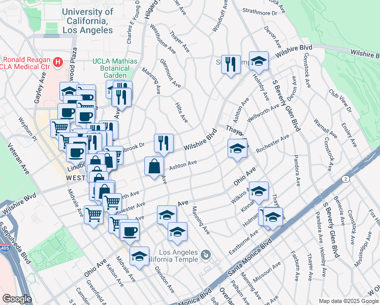 map of restaurants, bars, coffee shops, grocery stores, and more near 10660 Wilshire Boulevard in Los Angeles