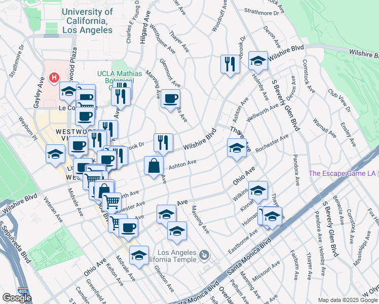 map of restaurants, bars, coffee shops, grocery stores, and more near 10660 Wilshire Boulevard in Los Angeles