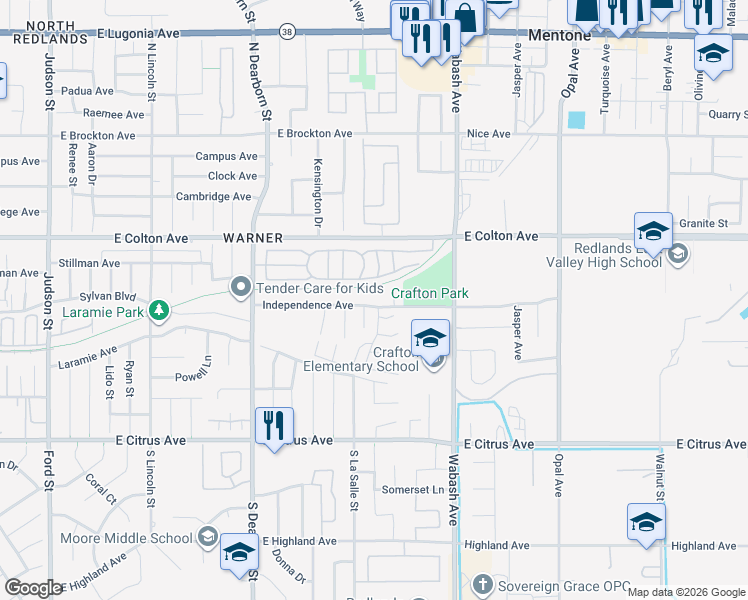 map of restaurants, bars, coffee shops, grocery stores, and more near 1717 Independence Avenue in Redlands