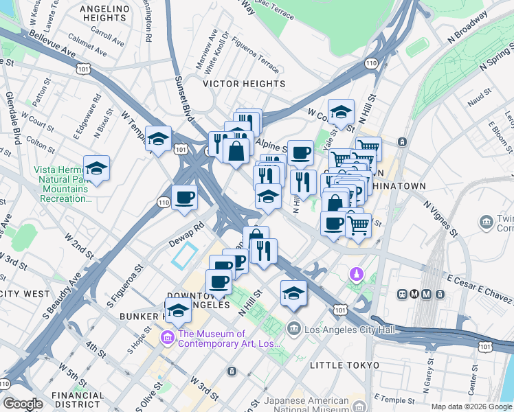 map of restaurants, bars, coffee shops, grocery stores, and more near 506 North Bunker Hill Avenue in Los Angeles