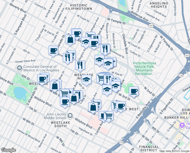 map of restaurants, bars, coffee shops, grocery stores, and more near 251 Loma Drive in Los Angeles
