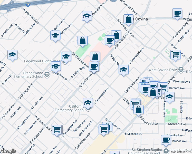 map of restaurants, bars, coffee shops, grocery stores, and more near 1301 West Merced Avenue in West Covina