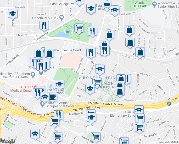 map of restaurants, bars, coffee shops, grocery stores, and more near 1509 Ricardo Street in Los Angeles