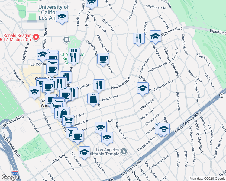 map of restaurants, bars, coffee shops, grocery stores, and more near 10660 Wilshire Boulevard in Los Angeles