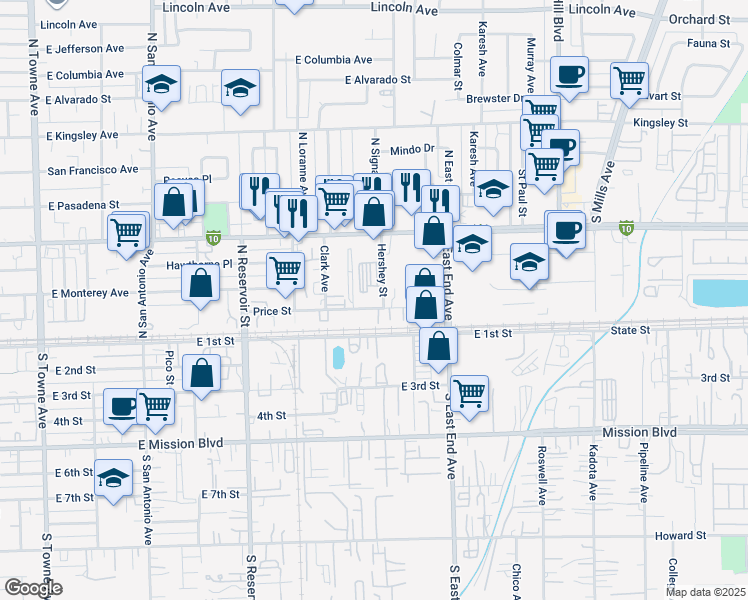 map of restaurants, bars, coffee shops, grocery stores, and more near 205 Hershey Street in Pomona