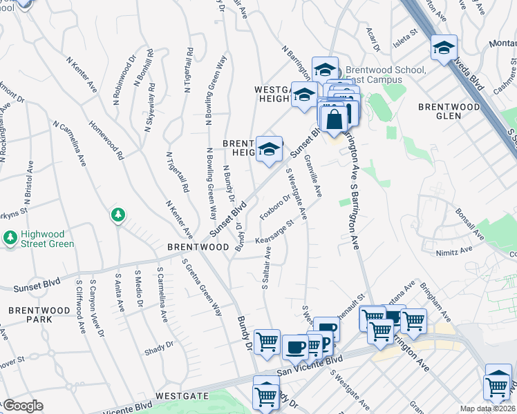 map of restaurants, bars, coffee shops, grocery stores, and more near 124 South Saltair Avenue in Los Angeles