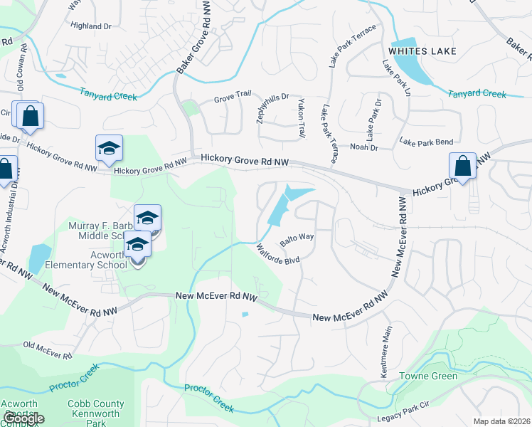 map of restaurants, bars, coffee shops, grocery stores, and more near 4396 Walforde Boulevard in Acworth