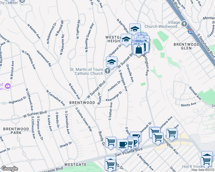 map of restaurants, bars, coffee shops, grocery stores, and more near 124 South Saltair Avenue in Los Angeles