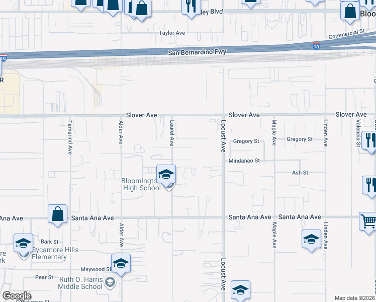 map of restaurants, bars, coffee shops, grocery stores, and more near 17955 Otilla Street in Bloomington