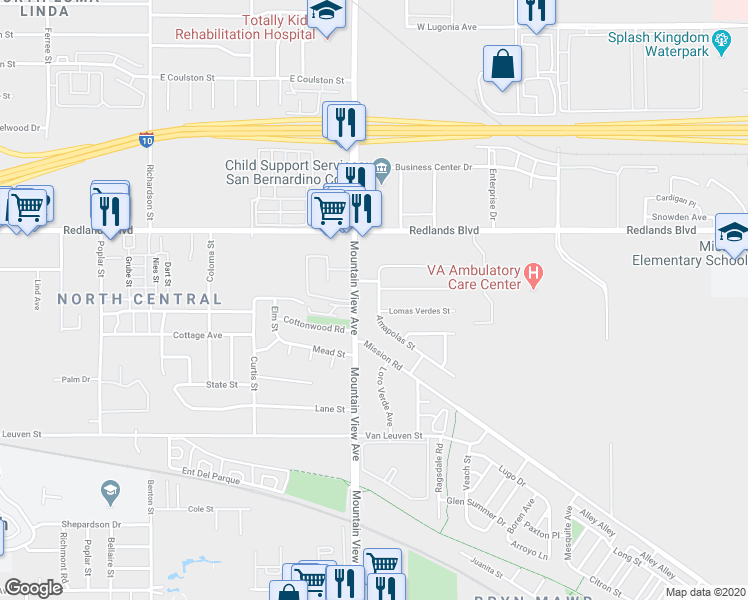 map of restaurants, bars, coffee shops, grocery stores, and more near 10636 Amapolas Street in Redlands
