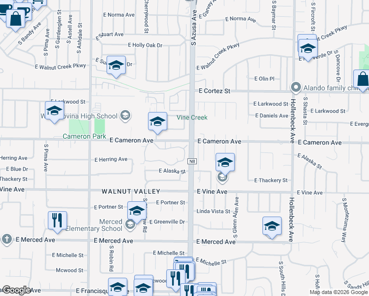 map of restaurants, bars, coffee shops, grocery stores, and more near 1767 Aspen Village Way in West Covina