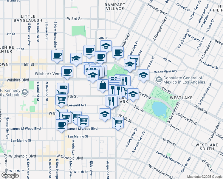 map of restaurants, bars, coffee shops, grocery stores, and more near 2816 Sunset Place in Los Angeles