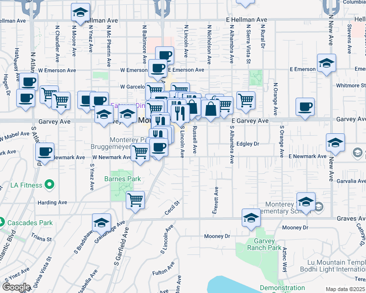 map of restaurants, bars, coffee shops, grocery stores, and more near 221 North Lincoln Avenue in Monterey Park