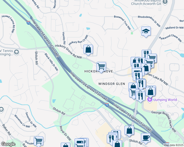 map of restaurants, bars, coffee shops, grocery stores, and more near 1801 Hazy Glen Court Northwest in Acworth