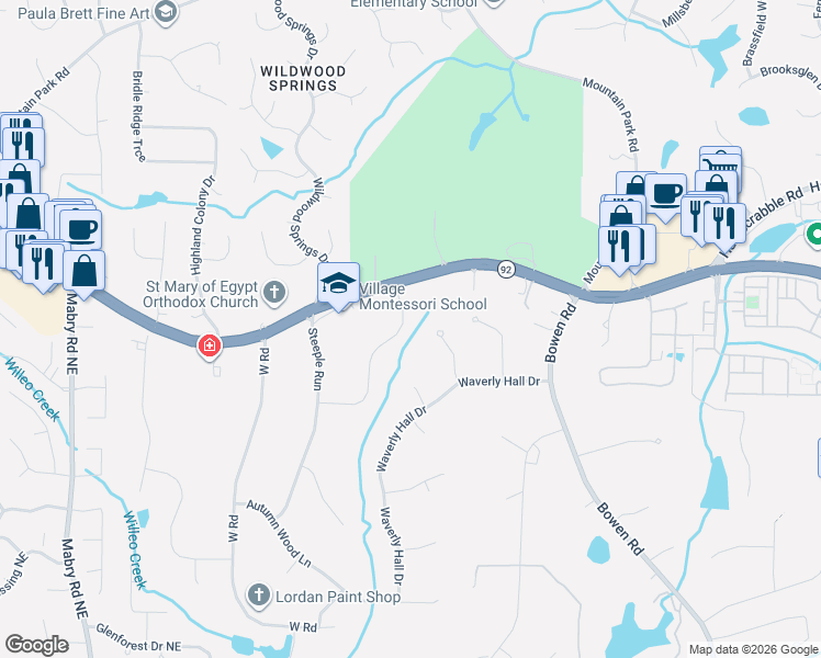 map of restaurants, bars, coffee shops, grocery stores, and more near 310 Waverly Hall Circle in Roswell