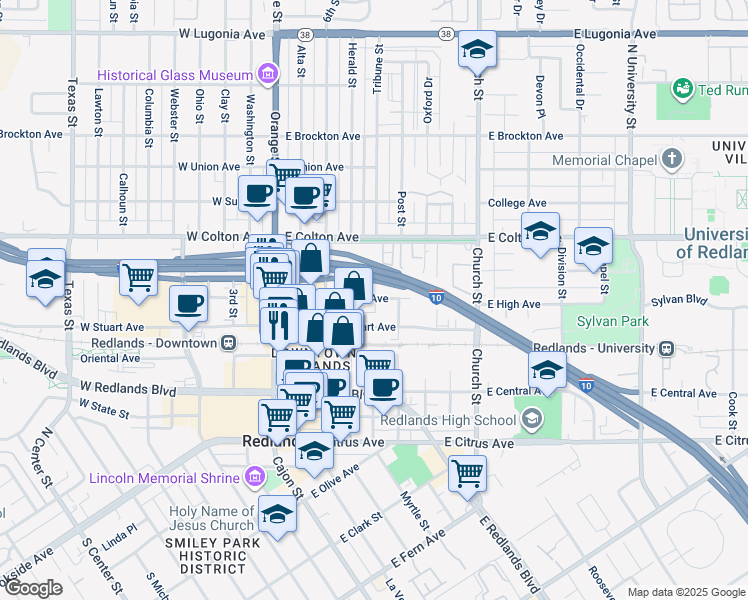map of restaurants, bars, coffee shops, grocery stores, and more near 324 East High Avenue in Redlands