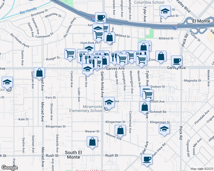 map of restaurants, bars, coffee shops, grocery stores, and more near 2657 Gage Avenue in South El Monte