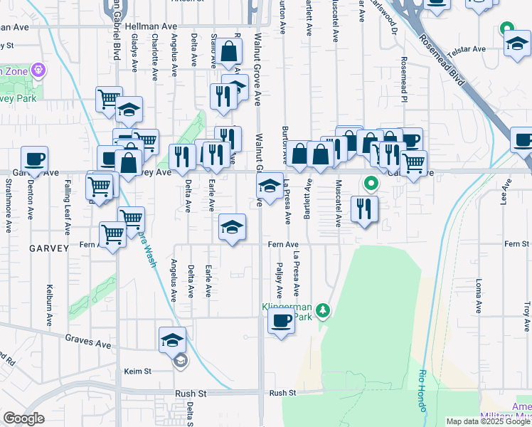 map of restaurants, bars, coffee shops, grocery stores, and more near 2656 Walnut Grove Avenue in Rosemead