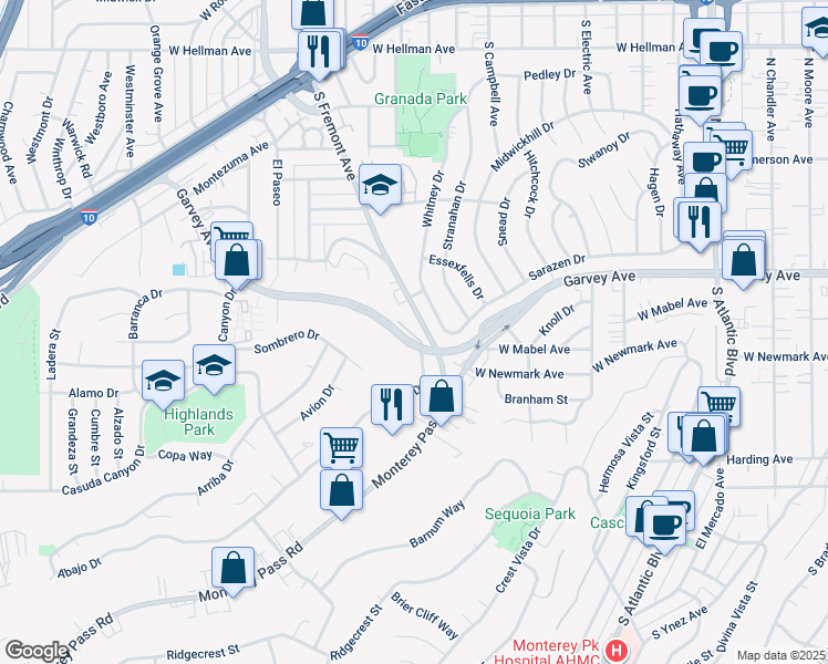map of restaurants, bars, coffee shops, grocery stores, and more near 1615 Garvey Avenue in Alhambra