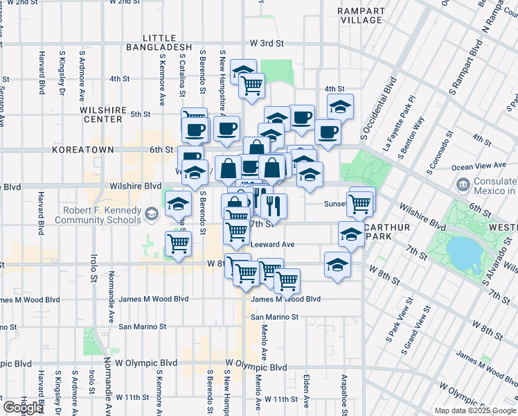 map of restaurants, bars, coffee shops, grocery stores, and more near 682 Shatto Place in Los Angeles