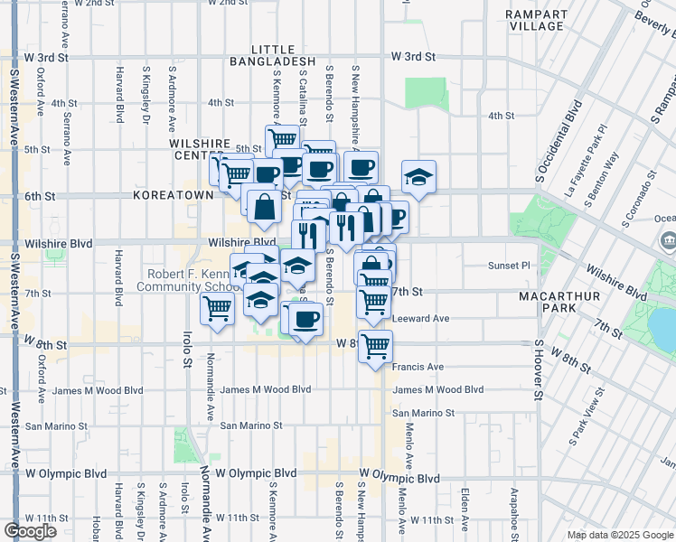 map of restaurants, bars, coffee shops, grocery stores, and more near 689 South Berendo Street in Los Angeles