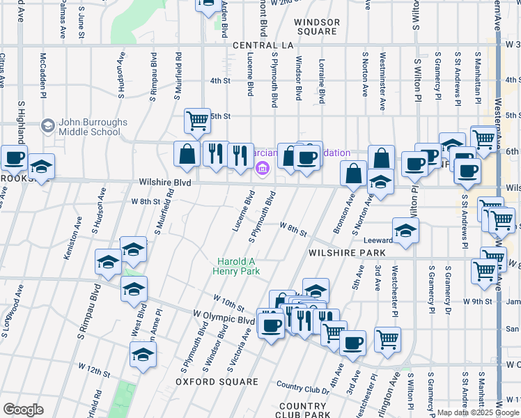 map of restaurants, bars, coffee shops, grocery stores, and more near 742 South Lucerne Boulevard in Los Angeles