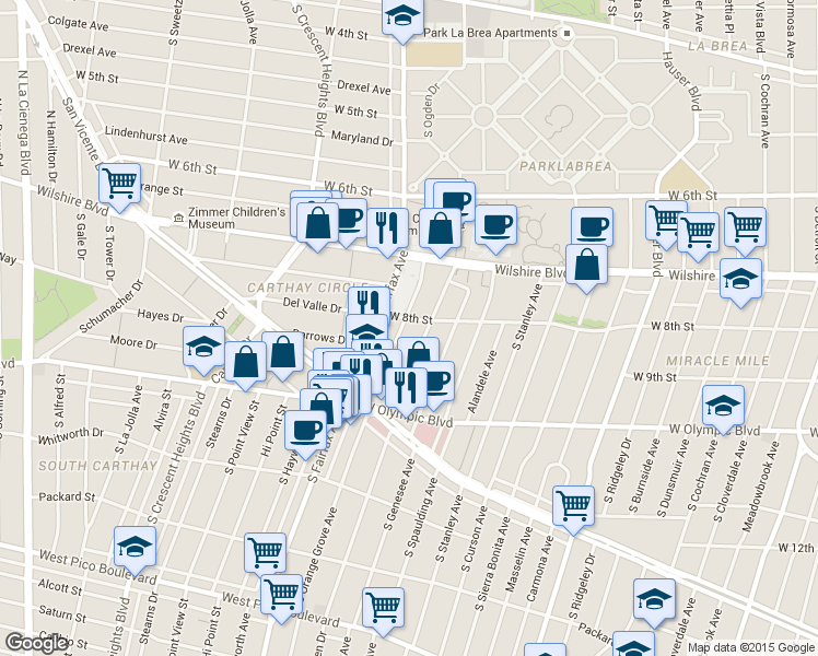 map of restaurants, bars, coffee shops, grocery stores, and more near 810 South Ogden Drive in Los Angeles