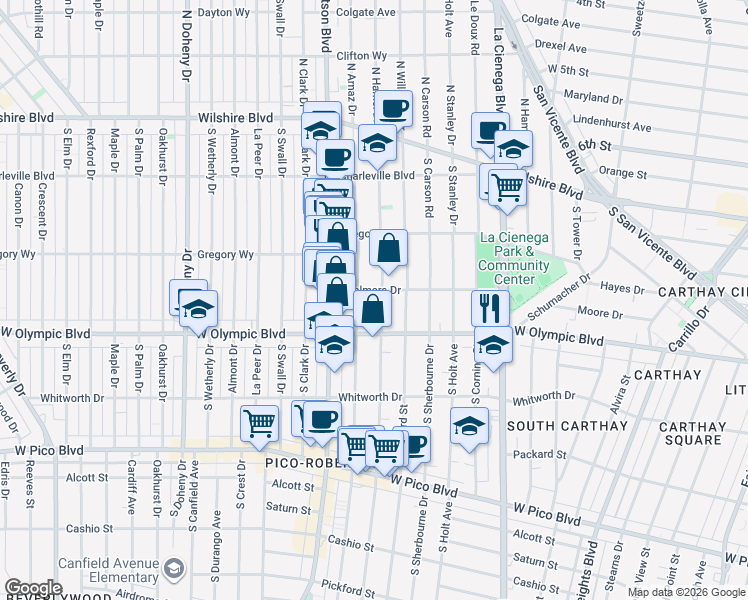 map of restaurants, bars, coffee shops, grocery stores, and more near 913 South Shenandoah Street in Los Angeles