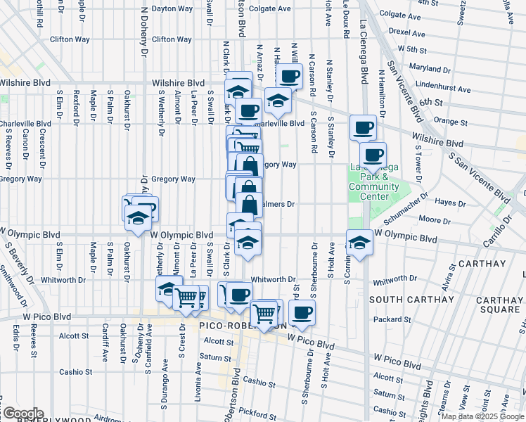 map of restaurants, bars, coffee shops, grocery stores, and more near 906 South Robertson Boulevard in Los Angeles
