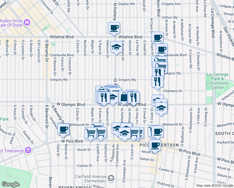 map of restaurants, bars, coffee shops, grocery stores, and more near 345 South Wetherly Drive in Beverly Hills