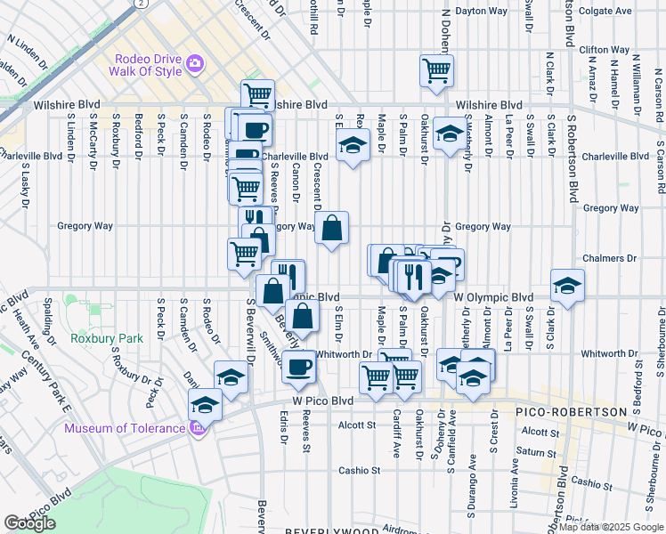 map of restaurants, bars, coffee shops, grocery stores, and more near 345 South Elm Drive in Beverly Hills