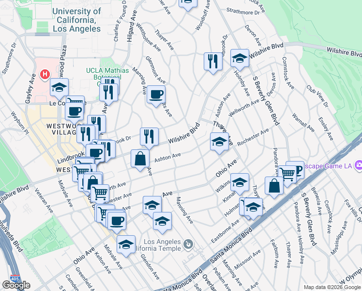 map of restaurants, bars, coffee shops, grocery stores, and more near 10619 Ashton Avenue in Los Angeles