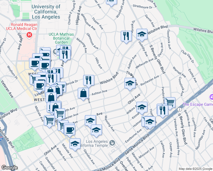 map of restaurants, bars, coffee shops, grocery stores, and more near 10619 Ashton Avenue in Los Angeles