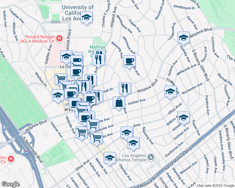map of restaurants, bars, coffee shops, grocery stores, and more near 10763 Wilshire Boulevard in Los Angeles