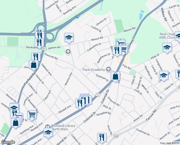map of restaurants, bars, coffee shops, grocery stores, and more near 968 Prescott Road in Columbia
