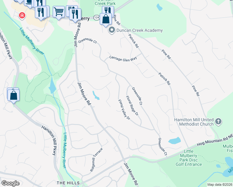 map of restaurants, bars, coffee shops, grocery stores, and more near 2491 Floral Valley Drive in Dacula