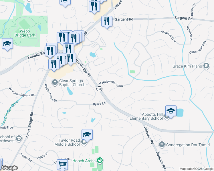 map of restaurants, bars, coffee shops, grocery stores, and more near 110 North Hillbrooke Trail in Alpharetta
