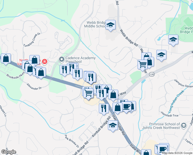 map of restaurants, bars, coffee shops, grocery stores, and more near 3400 Old Milton Parkway in Alpharetta