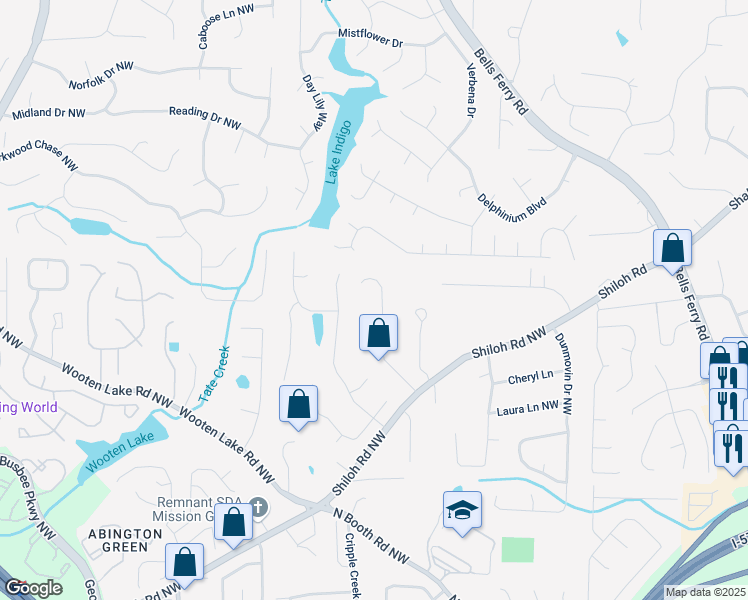 map of restaurants, bars, coffee shops, grocery stores, and more near 4373 Mikandy Drive in Kennesaw