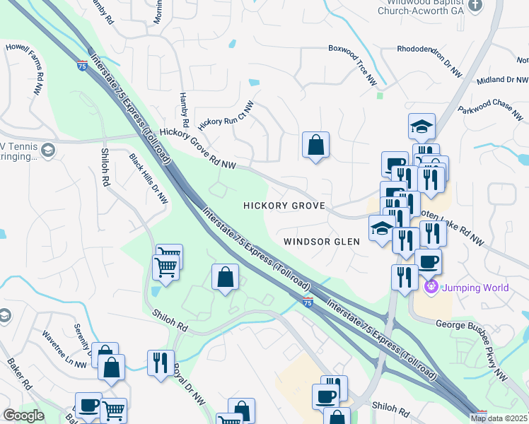 map of restaurants, bars, coffee shops, grocery stores, and more near 1801 Hazy Glen Court Northwest in Acworth