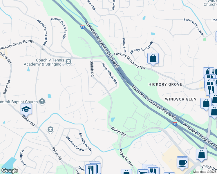 map of restaurants, bars, coffee shops, grocery stores, and more near 4419 Black Hills Drive Northwest in Acworth
