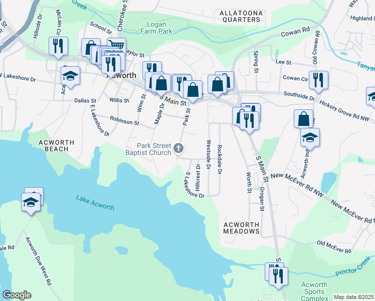 map of restaurants, bars, coffee shops, grocery stores, and more near 4128 Rayburn Street in Acworth