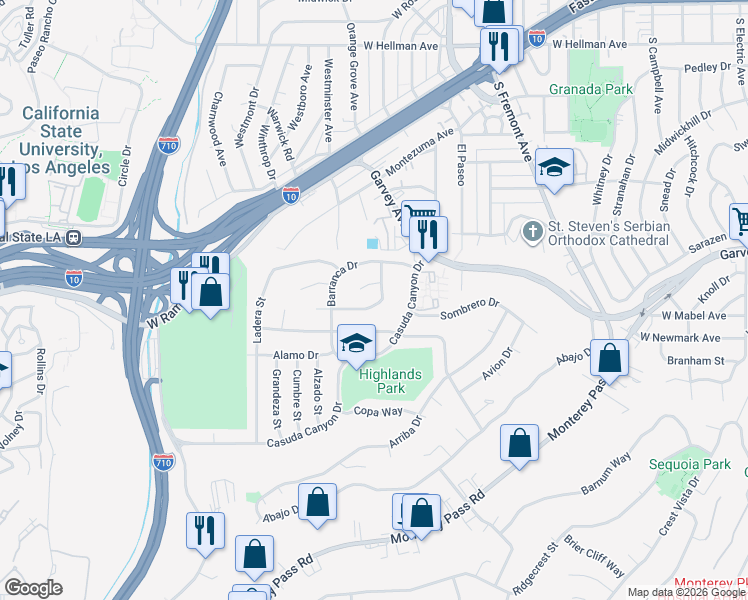 map of restaurants, bars, coffee shops, grocery stores, and more near 1943 Cerco Alta Drive in Monterey Park