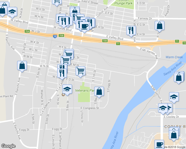 map of restaurants, bars, coffee shops, grocery stores, and more near 383 East N Street in Colton