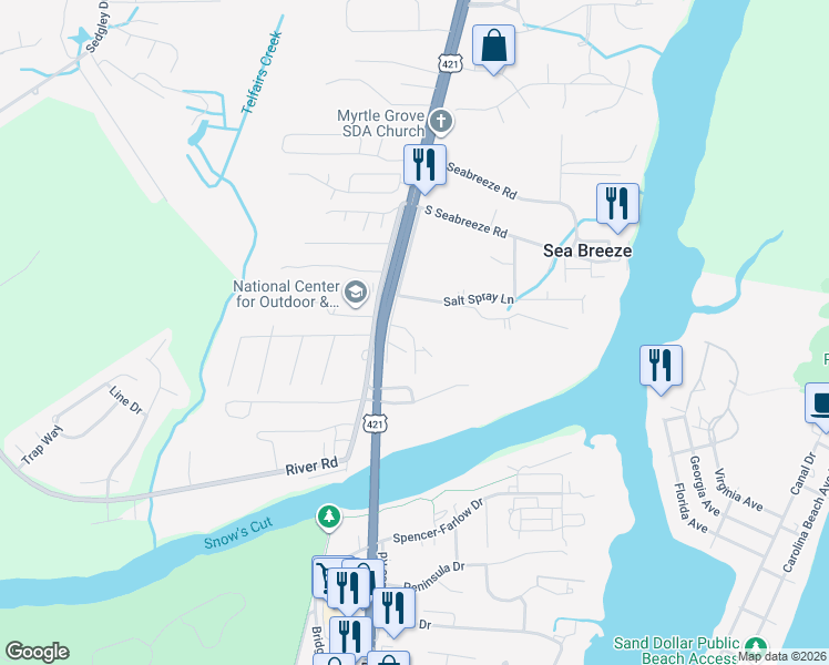 map of restaurants, bars, coffee shops, grocery stores, and more near 7775 Carolina Beach Road in Wilmington