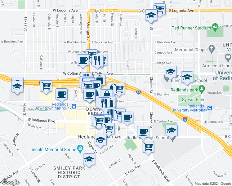 map of restaurants, bars, coffee shops, grocery stores, and more near in Redlands