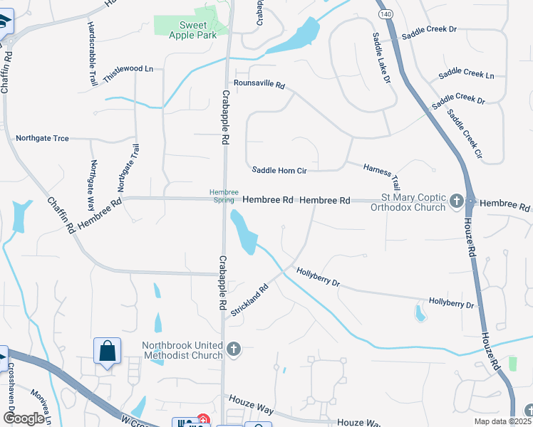 map of restaurants, bars, coffee shops, grocery stores, and more near 457 Hembree Road in Roswell