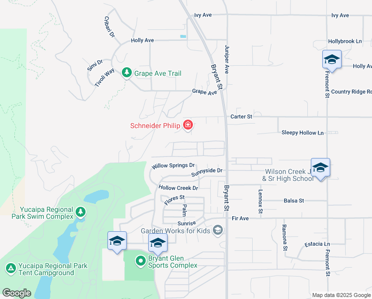 map of restaurants, bars, coffee shops, grocery stores, and more near 10622 Bryant Street in Yucaipa